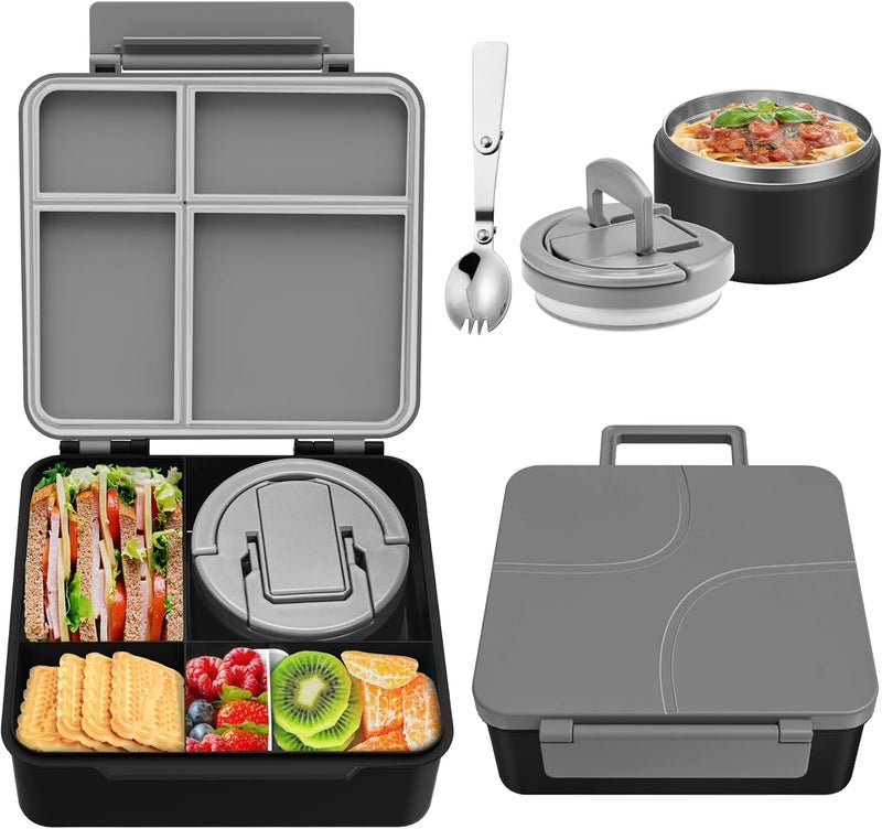 Howeemo Bento Lunch Box for Kids with 8oz Soup Thermo,Kids Leakproof Lunch Food Containers with 4 Compartment,Kid Insulated Thermo Hot Food Jar for School,Trvael-Black - Image 1